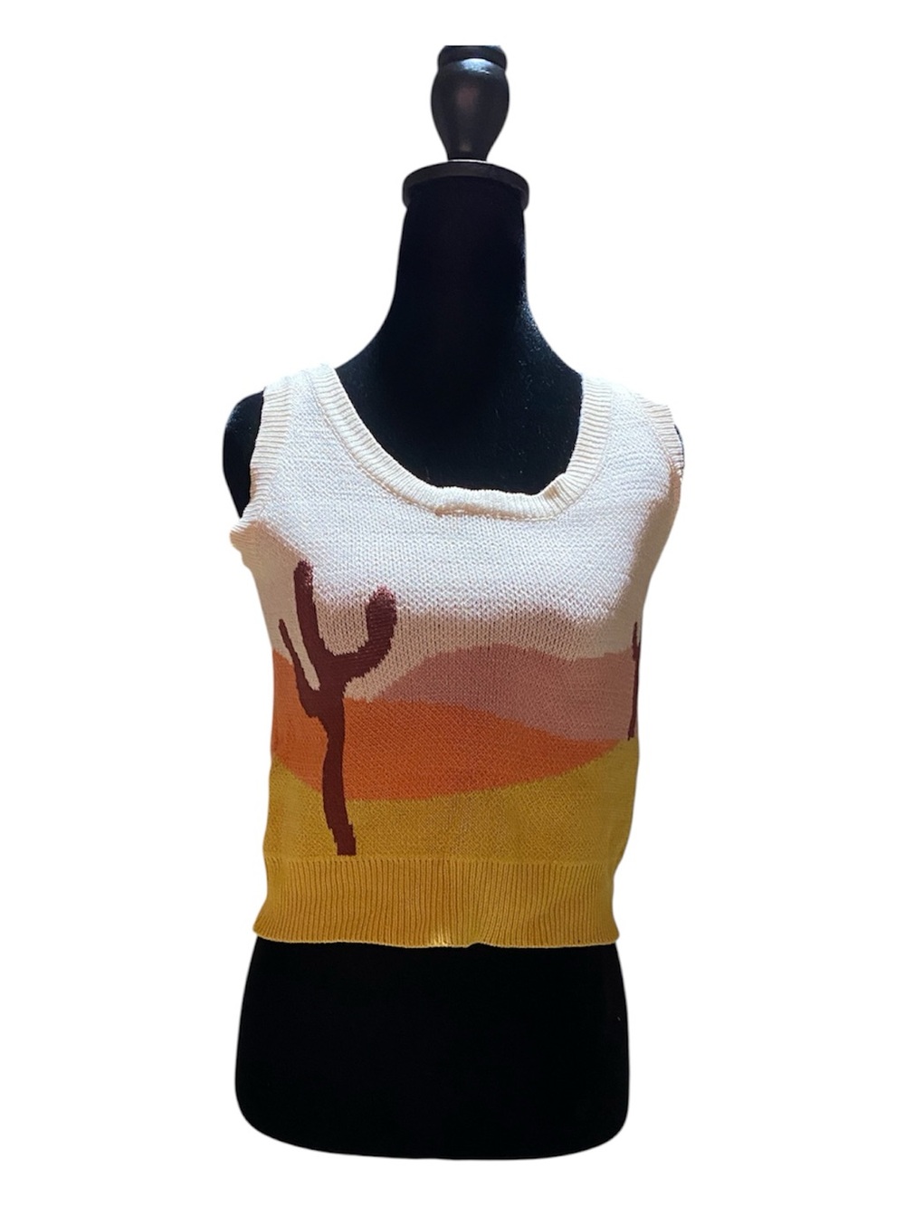 Sleeveless Desert Motif Knit Tank Top - Yellow & Cream